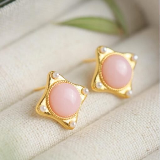 Natural pink Australian shell Stud Earrings/Sterling 925Silver 18KGold-Plated pink shell Studs/Customize gift box/four-pointed star earrings