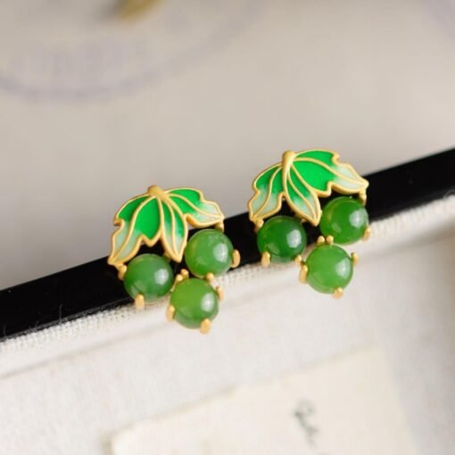 Natural green jade Stud Earrings/Sterling 925 Silver 18K Gold-Plated jade Studs/Customize gift box/anniversary gift/grape shape enamel studs - Image 2