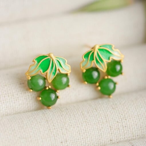 Natural green jade Stud Earrings/Sterling 925 Silver 18K Gold-Plated jade Studs/Customize gift box/anniversary gift/grape shape enamel studs