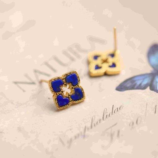 Natural Lapis lazuli Stud Earrings /Sterling 925-Silver Gold-Plated Lapis lazuli Studs/Customize gift box/anniversary gift/Four-leaf clover - Image 5