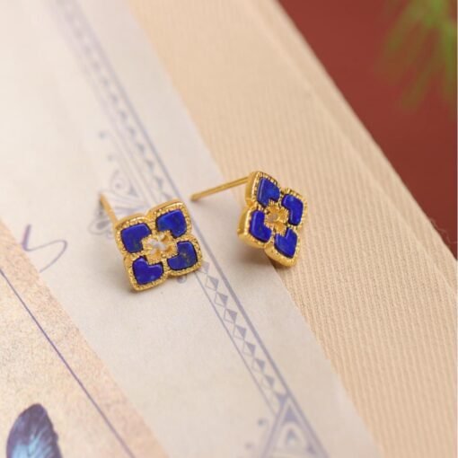 Natural Lapis lazuli Stud Earrings /Sterling 925-Silver Gold-Plated Lapis lazuli Studs/Customize gift box/anniversary gift/Four-leaf clover - Image 3