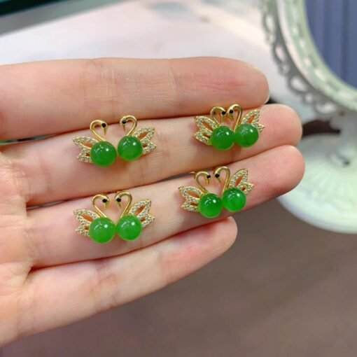 Natural green jade Stud Earrings/Sterling 925 Silver 18K Gold-Plated jade Swan Studs/Customize gift box/anniversary gift/Swan studs/gift for - Image 2