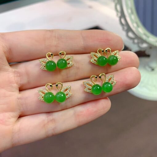 Natural green jade Stud Earrings/Sterling 925 Silver 18K Gold-Plated jade Swan Studs/Customize gift box/anniversary gift/Swan studs/gift for - Image 4
