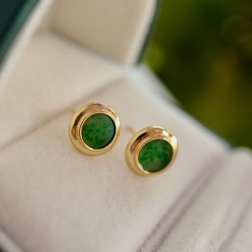 Natural jadeite Stud Earrings /Sterling 925 Silver 18k Gold-Plated green jade Studs/Customize gift box/anniversary gift/classic earrings - Image 4