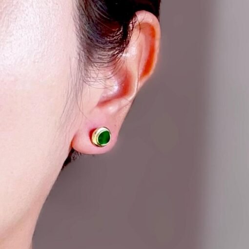 Natural jadeite Stud Earrings /Sterling 925 Silver 18k Gold-Plated green jade Studs/Customize gift box/anniversary gift/classic earrings - Image 3