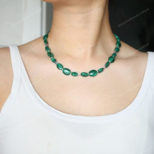 Natural Malachite Stacking necklace silver|Genuine Malachite choker necklace|Handmade vintage malachite necklaceUnique oval malachite - Image 8
