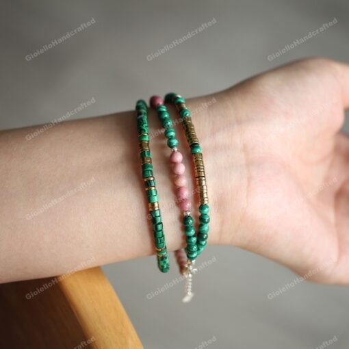 Malachite and Rhodochrosite Beaded Bracelets in 925 Silver|Colorful Beaded Gemstone Bracelets|Healing Stone|Meditation Anxiety Stress Relief - Image 5
