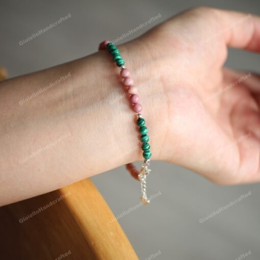 Malachite and Rhodochrosite Beaded Bracelets in 925 Silver|Colorful Beaded Gemstone Bracelets|Healing Stone|Meditation Anxiety Stress Relief - Image 7