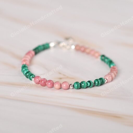 Malachite and Rhodochrosite Beaded Bracelets in 925 Silver|Colorful Beaded Gemstone Bracelets|Healing Stone|Meditation Anxiety Stress Relief - Image 2