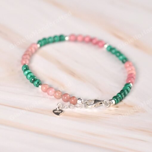 Malachite and Rhodochrosite Beaded Bracelets in 925 Silver|Colorful Beaded Gemstone Bracelets|Healing Stone|Meditation Anxiety Stress Relief - Image 6