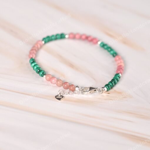 Malachite and Rhodochrosite Beaded Bracelets in 925 Silver|Colorful Beaded Gemstone Bracelets|Healing Stone|Meditation Anxiety Stress Relief - Image 4