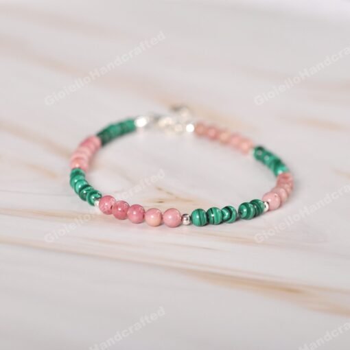 Malachite and Rhodochrosite Beaded Bracelets in 925 Silver|Colorful Beaded Gemstone Bracelets|Healing Stone|Meditation Anxiety Stress Relief - Image 8