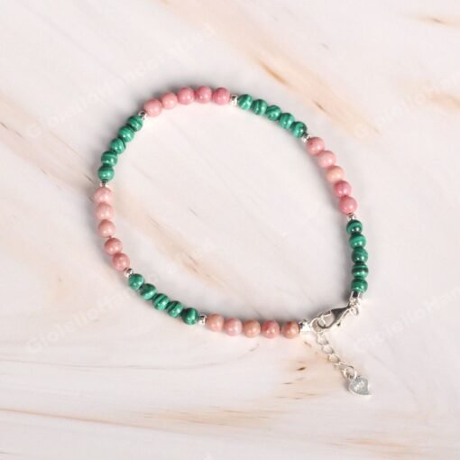 Malachite and Rhodochrosite Beaded Bracelets in 925 Silver|Colorful Beaded Gemstone Bracelets|Healing Stone|Meditation Anxiety Stress Relief