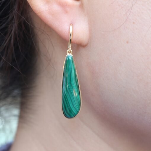 Natural Long Malachite Drop Earrings 925 Silver|Pear Malachite Earrings|Vintage Dangle Earrings|Minimalist Art Deco Malachite Earrings - Image 4