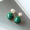 Natural Malachite Studs Earrings Pearl|Vivid Green Malachite Earring Sterling Silver|Statement Green Studs Earring|Minimalist Pearl Earrings