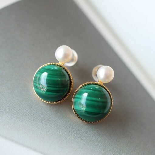 Natural Malachite Studs Earrings Pearl|Vivid Green Malachite Earring Sterling Silver|Statement Green Studs Earring|Minimalist Pearl Earrings