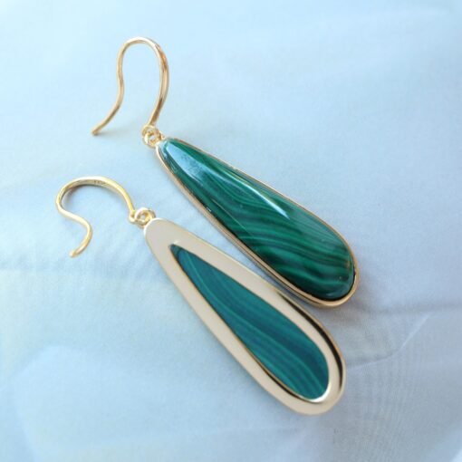 Natural Long Malachite Drop Earrings 925 Silver|Pear Malachite Earrings|Vintage Dangle Earrings|Minimalist Art Deco Malachite Earrings - Image 3