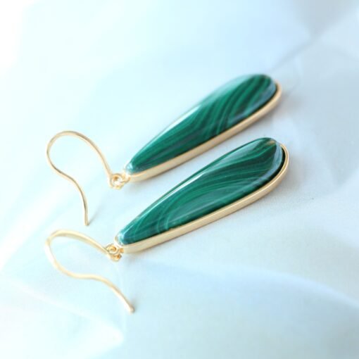 Natural Long Malachite Drop Earrings 925 Silver|Pear Malachite Earrings|Vintage Dangle Earrings|Minimalist Art Deco Malachite Earrings - Image 6
