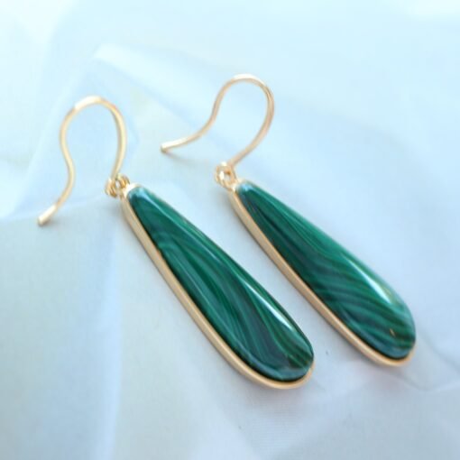 Natural Long Malachite Drop Earrings 925 Silver|Pear Malachite Earrings|Vintage Dangle Earrings|Minimalist Art Deco Malachite Earrings - Image 7