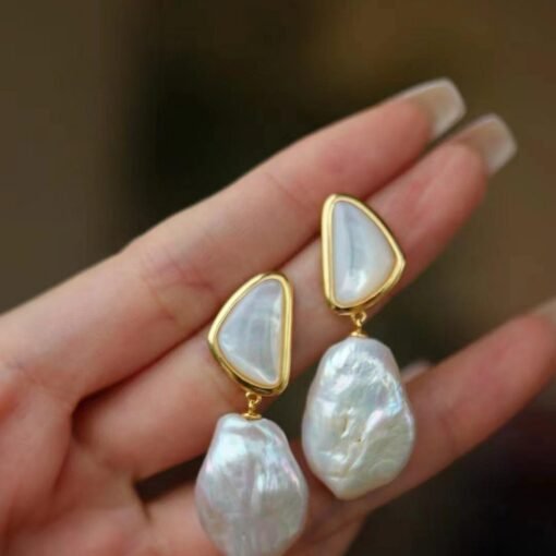 Unique Pearl Drop Earrings With White Fritillaria|Real Pearl Studs Earrings|Dainty Pearl Earrings|Charm Hand Carved Gemstone Earrings - Image 6