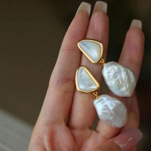 Unique Pearl Drop Earrings With White Fritillaria|Real Pearl Studs Earrings|Dainty Pearl Earrings|Charm Hand Carved Gemstone Earrings - Image 8
