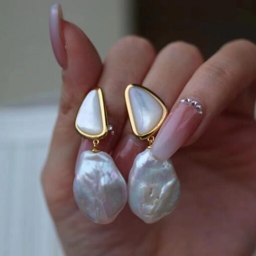 Unique Pearl Drop Earrings With White Fritillaria|Real Pearl Studs Earrings|Dainty Pearl Earrings|Charm Hand Carved Gemstone Earrings - Image 3