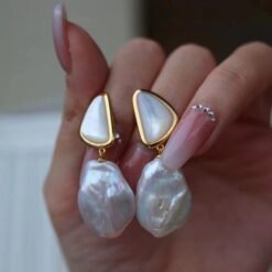 Unique Pearl Drop Earrings With White Fritillaria|Real Pearl Studs Earrings|Dainty Pearl Earrings|Charm Hand Carved Gemstone Earrings
