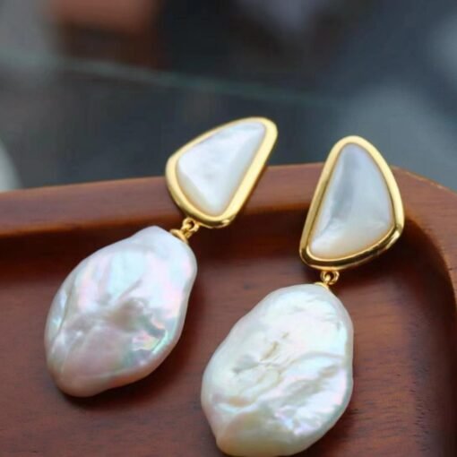Unique Pearl Drop Earrings With White Fritillaria|Real Pearl Studs Earrings|Dainty Pearl Earrings|Charm Hand Carved Gemstone Earrings - Image 2