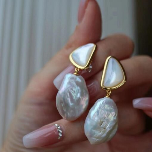 Unique Pearl Drop Earrings With White Fritillaria|Real Pearl Studs Earrings|Dainty Pearl Earrings|Charm Hand Carved Gemstone Earrings - Image 4