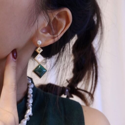 Natural Malachite Drop Earrings sterling silver|Malachite Jewelry|Green Gemstone earring|Unique Geometric Earrings|Statement Malachite drop - Image 8