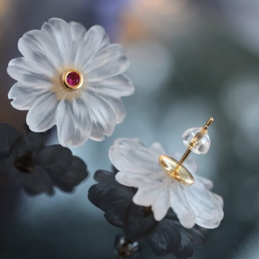 Natural Crystal Petal Stud Earrings/Unique Flower Earrings/Handcrafted Carved Petal Quartz Earrings|Minimalist Beach Earrings|Birthday Gift - Image 6