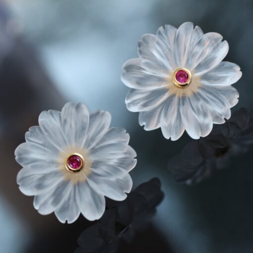 Natural Crystal Petal Stud Earrings/Unique Flower Earrings/Handcrafted Carved Petal Quartz Earrings|Minimalist Beach Earrings|Birthday Gift - Image 2
