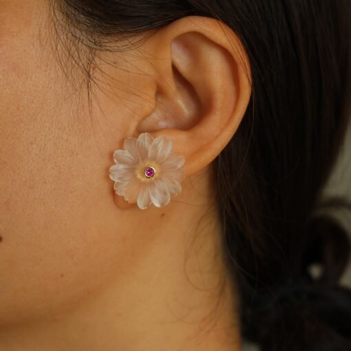 Natural Crystal Petal Stud Earrings/Unique Flower Earrings/Handcrafted Carved Petal Quartz Earrings|Minimalist Beach Earrings|Birthday Gift - Image 4