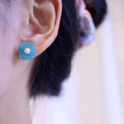 Natural Amazonite with Pearl Stud Earrings/Unique Amazonite Earrings/Tiny Petal Flower Earrings|Hand Carved Gemstone Earrings|Birthday Gift - Image 7