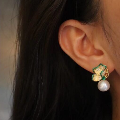 Natural Pearl Studs Earrings With Green Zircon|Pearl Jewelry|Dainty Pearl Studs Earrings With Silver|Real Pearl Earrings|Vivid Green Earring - Image 4