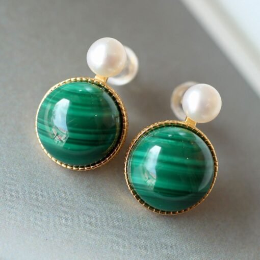 Natural Malachite Studs Earrings Pearl|Vivid Green Malachite Earring Sterling Silver|Statement Green Studs Earring|Minimalist Pearl Earrings - Image 2