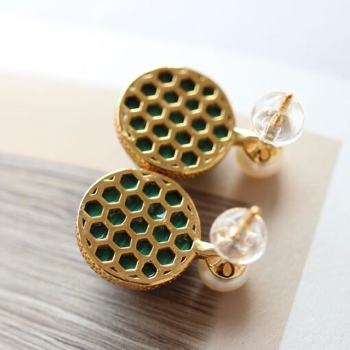 Natural Malachite Studs Earrings Pearl|Vivid Green Malachite Earring Sterling Silver|Statement Green Studs Earring|Minimalist Pearl Earrings - Image 5