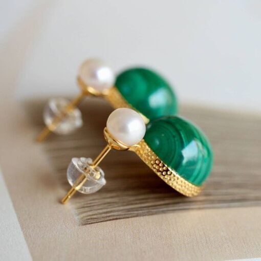 Natural Malachite Studs Earrings Pearl|Vivid Green Malachite Earring Sterling Silver|Statement Green Studs Earring|Minimalist Pearl Earrings - Image 3