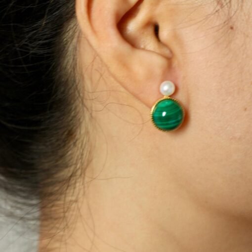 Natural Malachite Studs Earrings Pearl|Vivid Green Malachite Earring Sterling Silver|Statement Green Studs Earring|Minimalist Pearl Earrings - Image 6