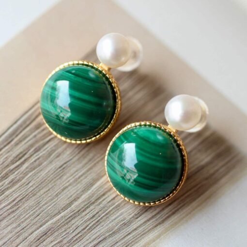Natural Malachite Studs Earrings Pearl|Vivid Green Malachite Earring Sterling Silver|Statement Green Studs Earring|Minimalist Pearl Earrings - Image 7