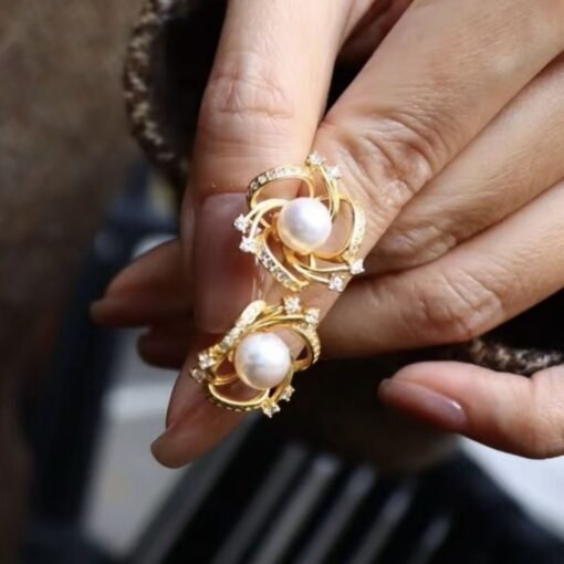 Unique Pearl stud Earrings gold plated silver|Vintage Floral Pearl stud|handmade pedal Pearl Earrings Silver|art deco Pearl Earrings women - Image 3