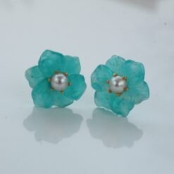 Natural Amazonite with Pearl Stud Earrings/Unique Amazonite Earrings/Tiny Petal Flower Earrings|Hand Carved Gemstone Earrings|Birthday Gift