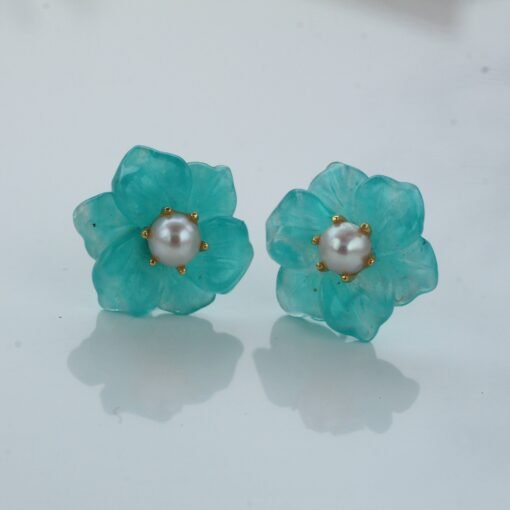 Natural Amazonite with Pearl Stud Earrings/Unique Amazonite Earrings/Tiny Petal Flower Earrings|Hand Carved Gemstone Earrings|Birthday Gift