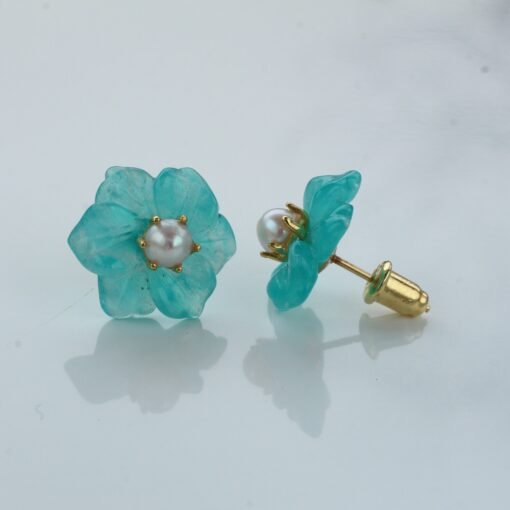Natural Amazonite with Pearl Stud Earrings/Unique Amazonite Earrings/Tiny Petal Flower Earrings|Hand Carved Gemstone Earrings|Birthday Gift - Image 5