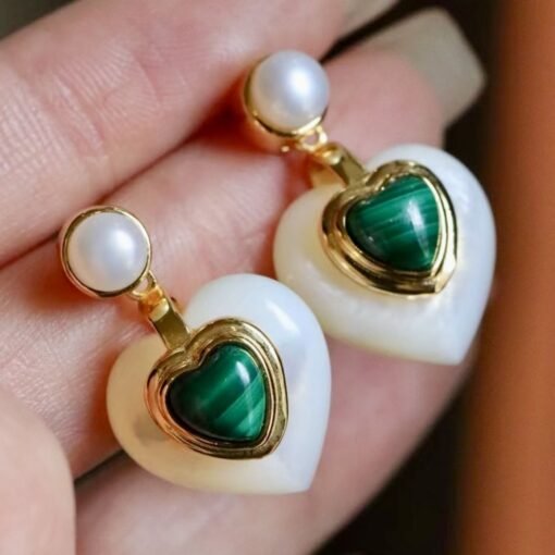 Heart shape malachite pearl earringsNatural malachite earrings s925 silverReal malachite earring with pearlFrench style malachite jewelry - Image 3