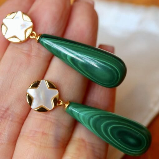 Natural Long Pear Malachite Drop Earrings 925 silver|Statement Malachite earring women|Real Fine Gemstone Earrings|Handmade Vintage Earrings - Image 5