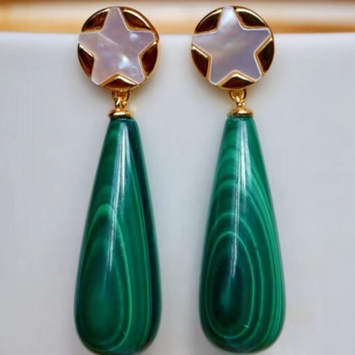 Natural Long Pear Malachite Drop Earrings 925 silver|Statement Malachite earring women|Real Fine Gemstone Earrings|Handmade Vintage Earrings - Image 2