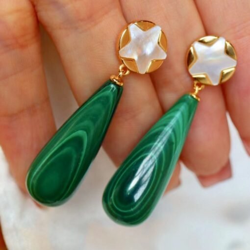 Natural Long Pear Malachite Drop Earrings 925 silver|Statement Malachite earring women|Real Fine Gemstone Earrings|Handmade Vintage Earrings - Image 3