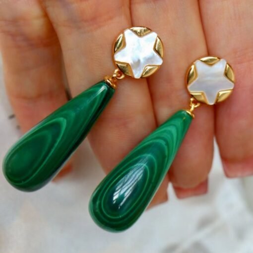 Natural Long Pear Malachite Drop Earrings 925 silver|Statement Malachite earring women|Real Fine Gemstone Earrings|Handmade Vintage Earrings - Image 4