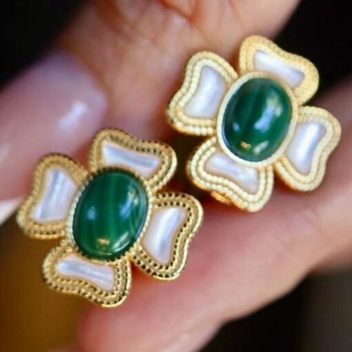 Natural Oval Malachite Studs Earrings silver|Malachite Jewelry|Vintage Green Studs Earrings|Antique Malachite Earrings|Anniversary Gift